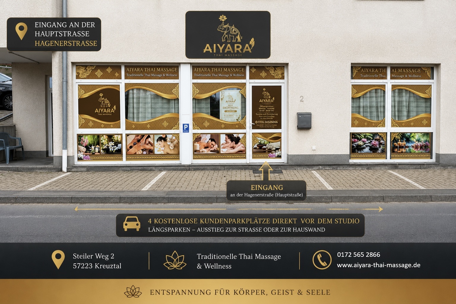 Aiyara Thai Massage Eingang und Parkplätze